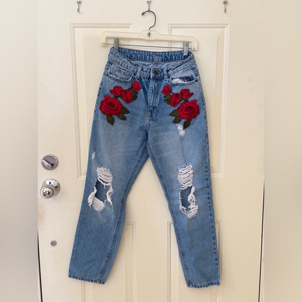 FB Sister Blue Distressed High-Waist Jeans with Red Rose Embroidery Waist 24